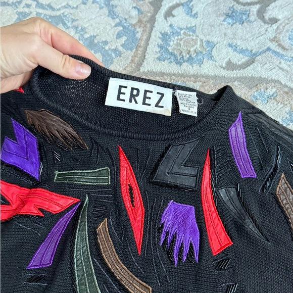 Erez Vintage Sweater with Leather Patches and Beading Size Small - Picture 4 of 9